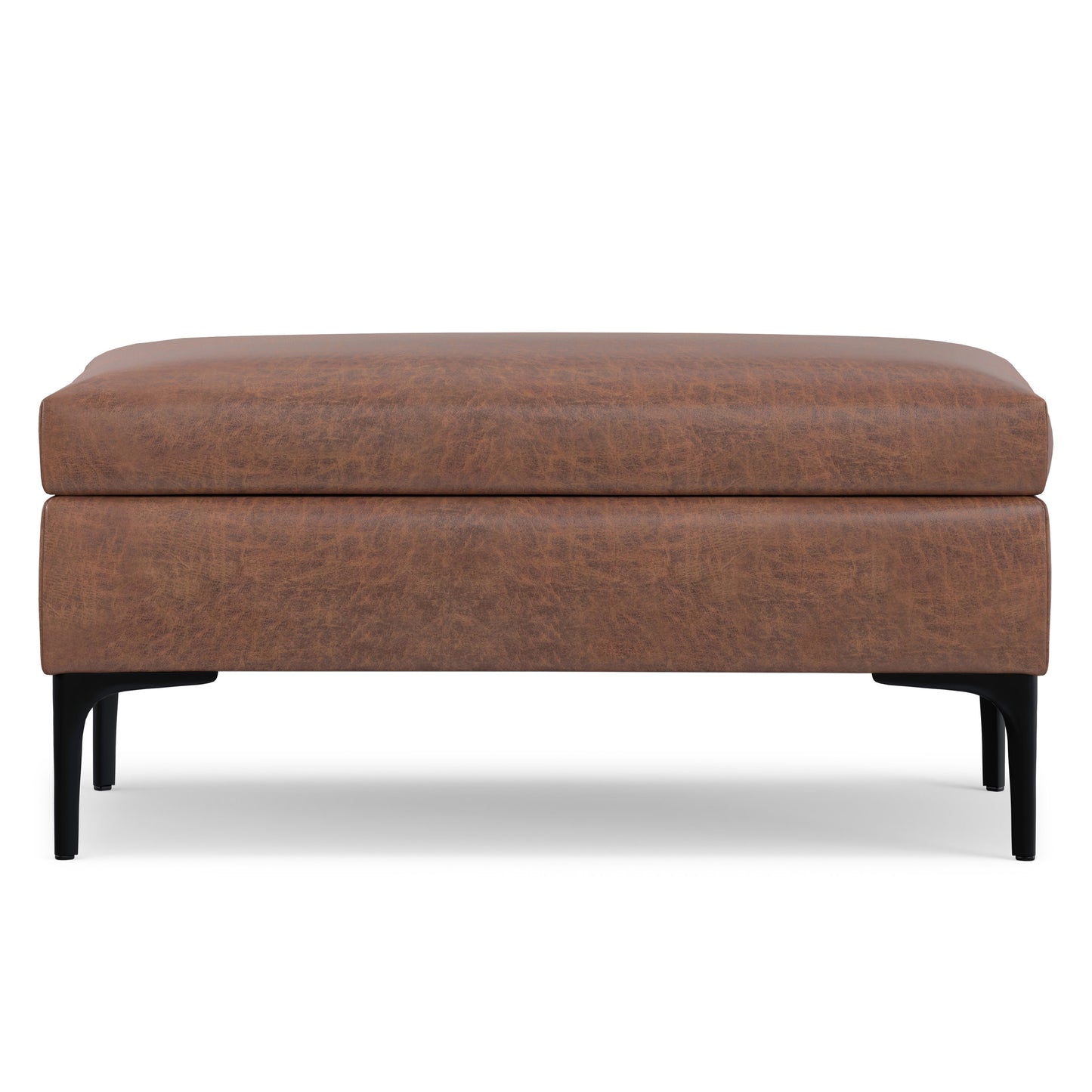 Distressed Saddle Brown Distressed Vegan Leather | Rebecca Rectangular Coffee Table Storage Ottoman with Lift Up in Distressed Vegan Leather