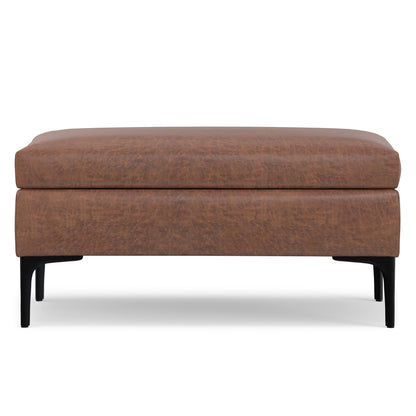 Distressed Saddle Brown Distressed Vegan Leather | Rebecca Rectangular Coffee Table Storage Ottoman with Lift Up in Distressed Vegan Leather