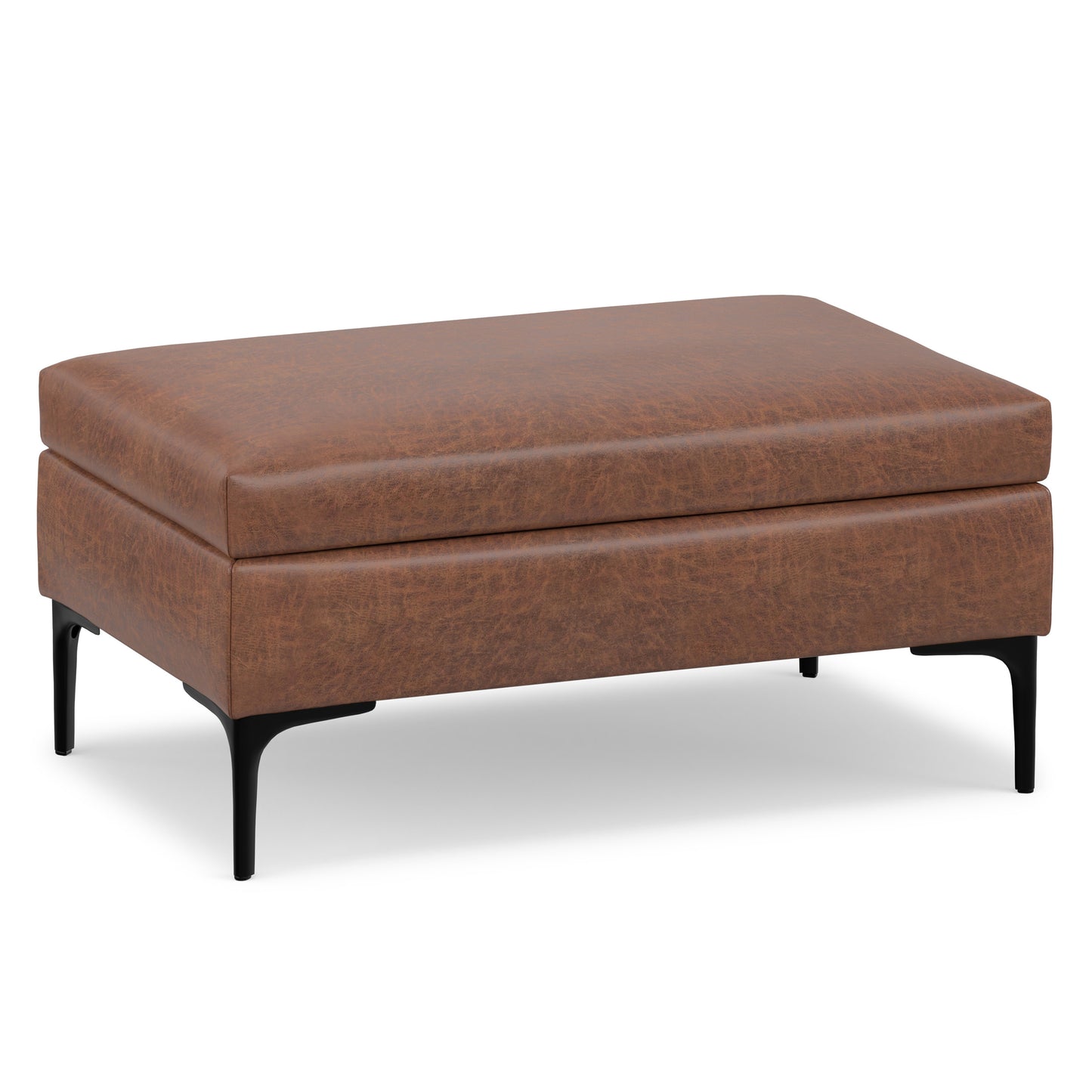 Distressed Saddle Brown Distressed Vegan Leather | Rebecca Rectangular Coffee Table Storage Ottoman with Lift Up in Distressed Vegan Leather