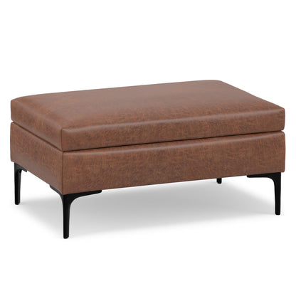 Distressed Saddle Brown Distressed Vegan Leather | Rebecca Rectangular Coffee Table Storage Ottoman with Lift Up in Distressed Vegan Leather