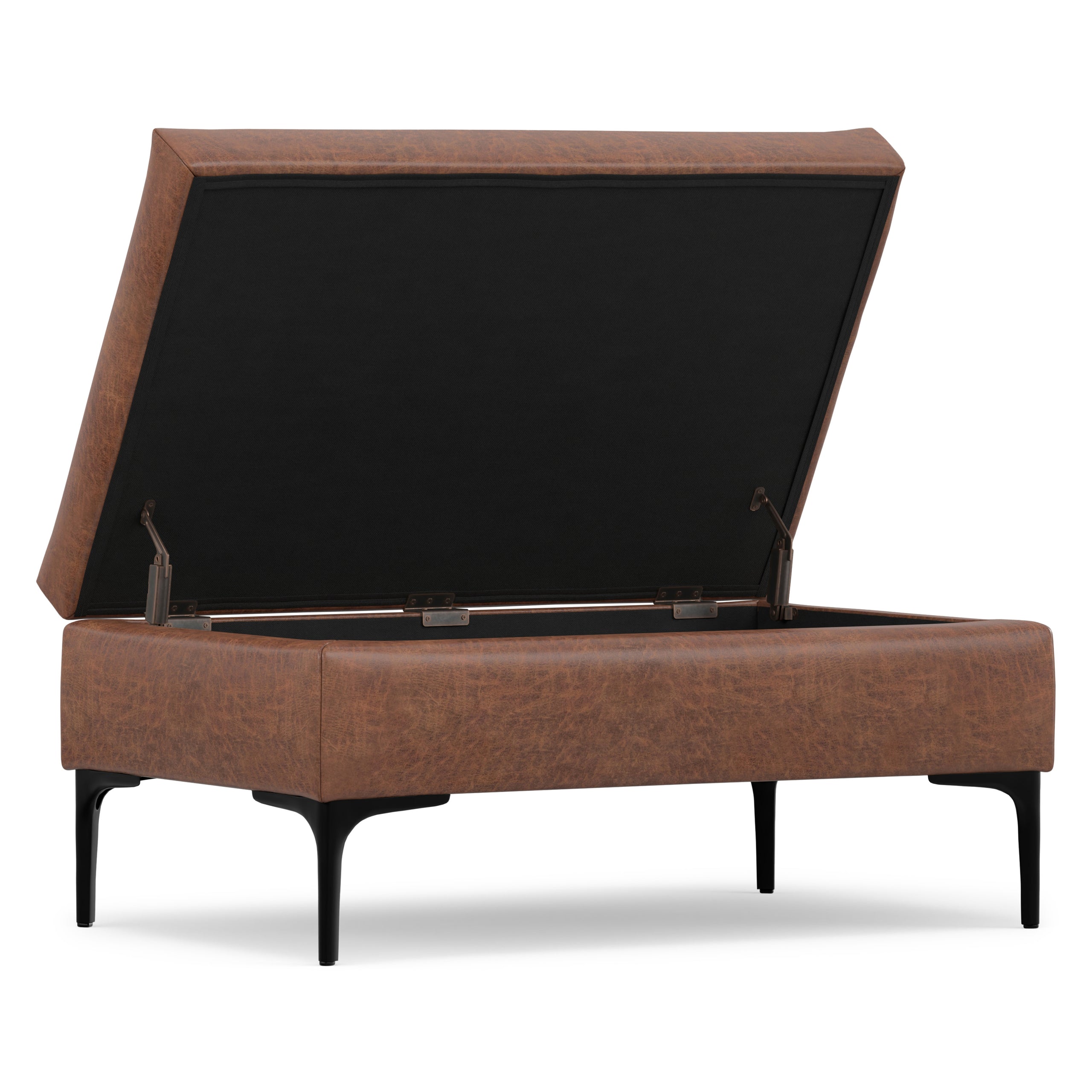 Distressed Saddle Brown Distressed Vegan Leather | Rebecca Rectangular Coffee Table Storage Ottoman with Lift Up in Distressed Vegan Leather