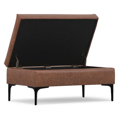 Distressed Saddle Brown Distressed Vegan Leather | Rebecca Rectangular Coffee Table Storage Ottoman with Lift Up in Distressed Vegan Leather