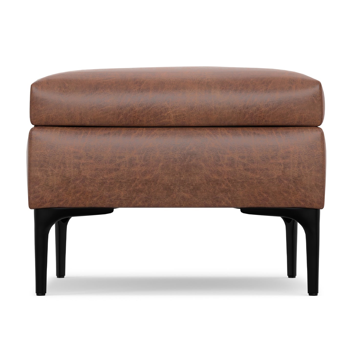 Distressed Saddle Brown Distressed Vegan Leather | Rebecca Rectangular Coffee Table Storage Ottoman with Lift Up in Distressed Vegan Leather