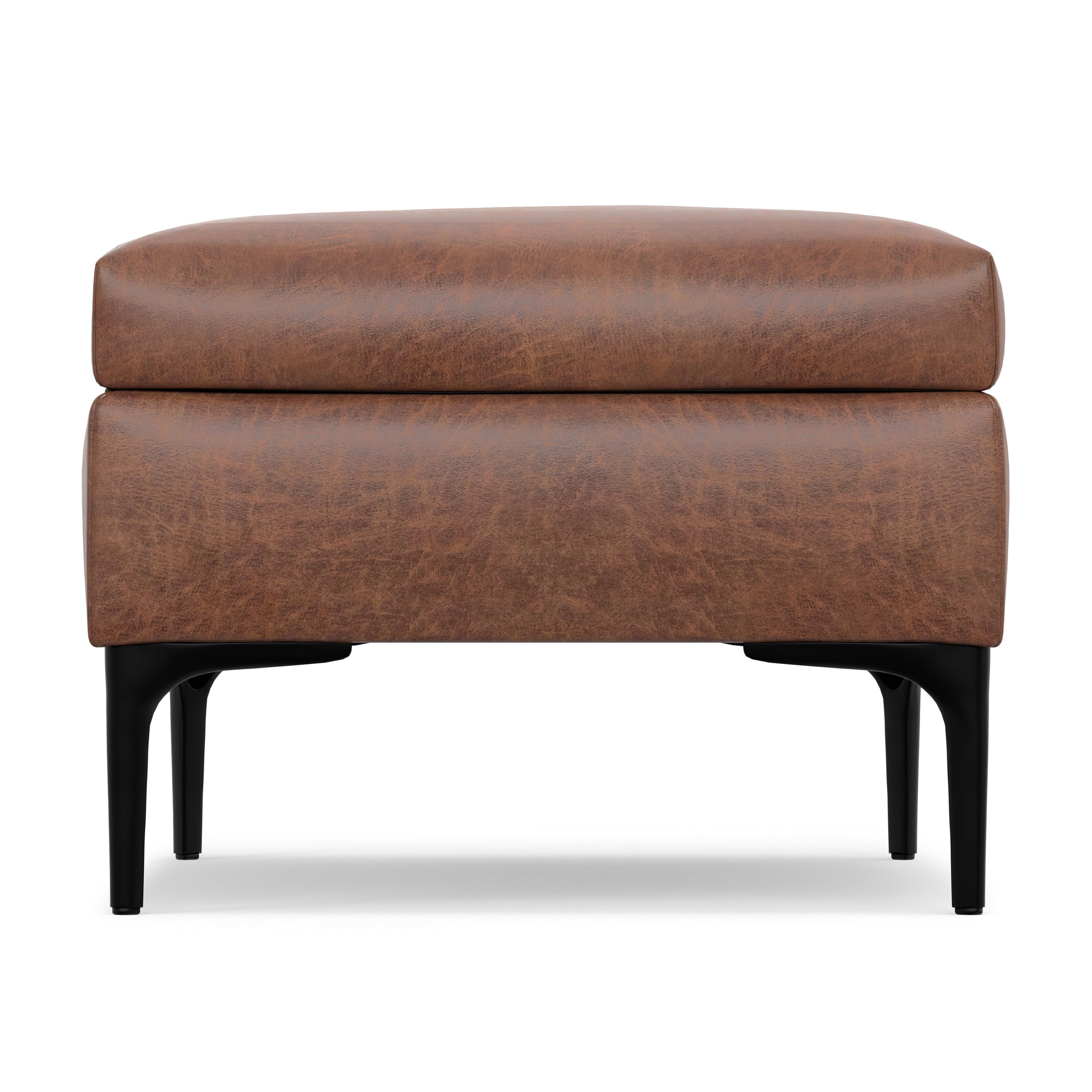 Distressed Saddle Brown Distressed Vegan Leather | Rebecca Rectangular Coffee Table Storage Ottoman with Lift Up in Distressed Vegan Leather
