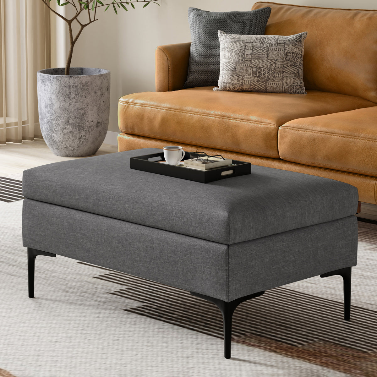 Slate Grey Linen Style Fabric | Rebecca Rectangular Coffee Table Storage Ottoman with Lift Up Lid in Linen Style Fabric