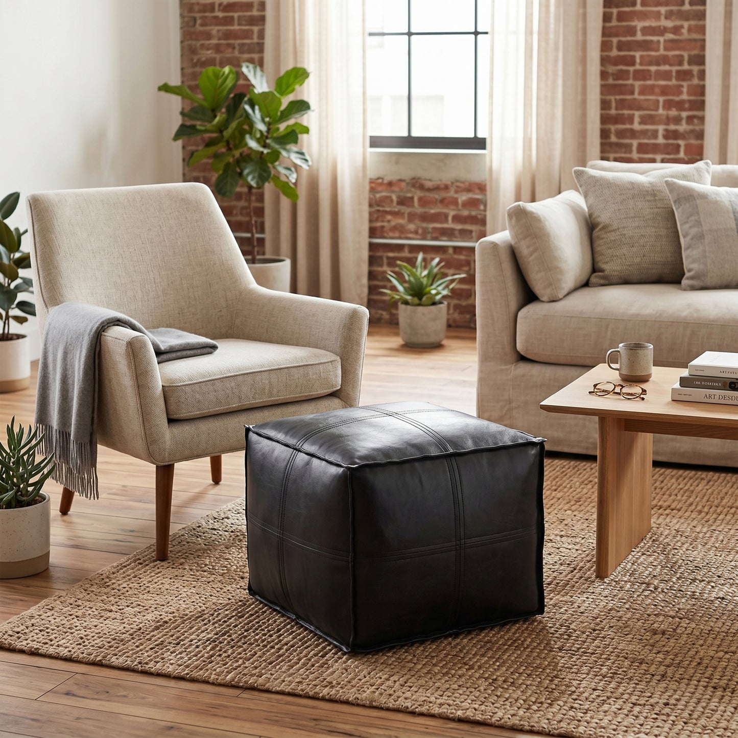 Brody 18 inch Square Top Stitch Pouf in Vegan Leather