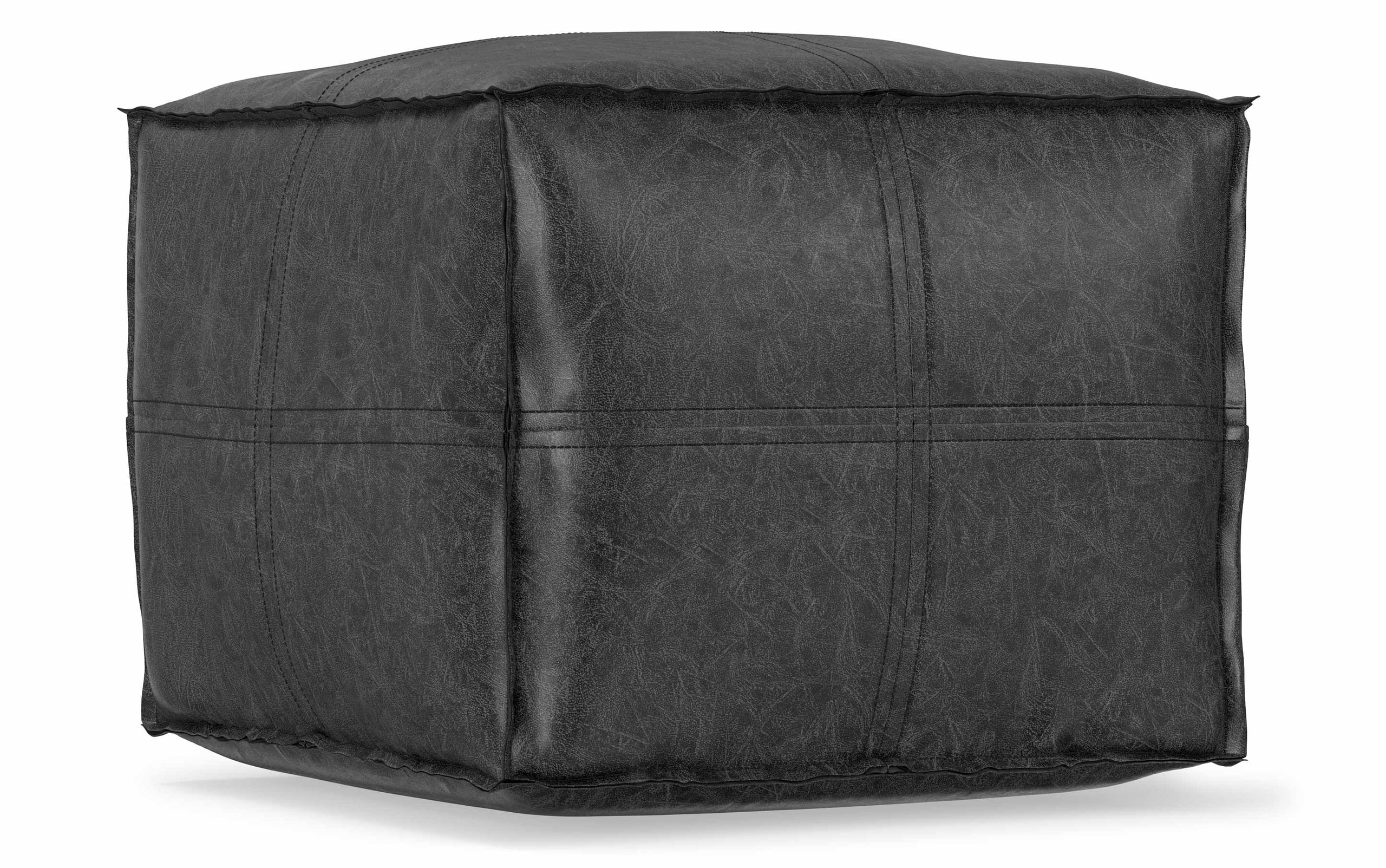Distressed Black Distressed Vegan Leather | Brody Square Pouf