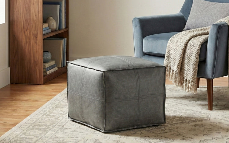 Distressed Grey Distressed Vegan Leather | Brody Square Pouf