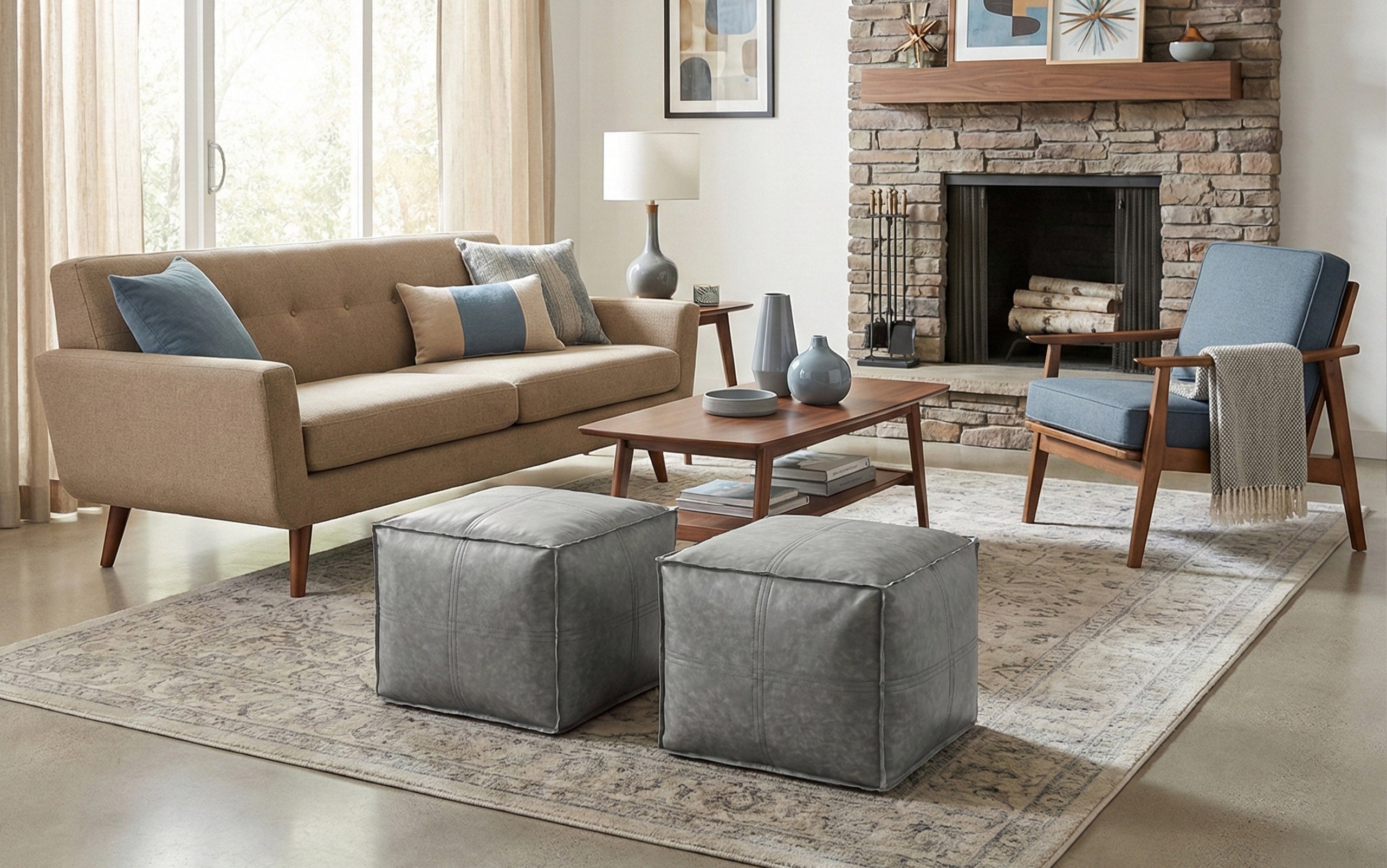 Distressed Grey Distressed Vegan Leather | Brody Square Pouf