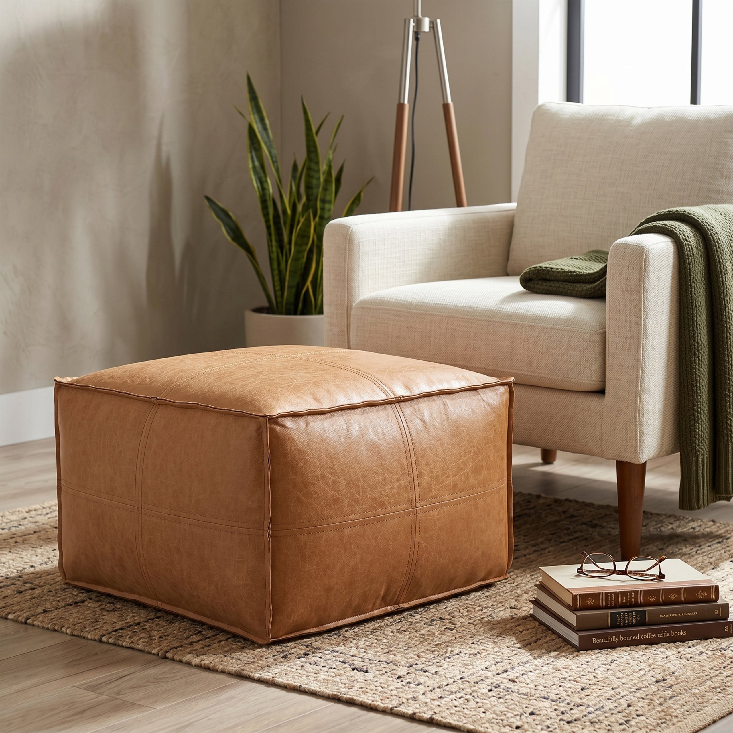 Distressed Camel Brown Distressed Vegan Leather | Brody 24 inch Square Top Stich Pouf in Distressed Vegan Leather