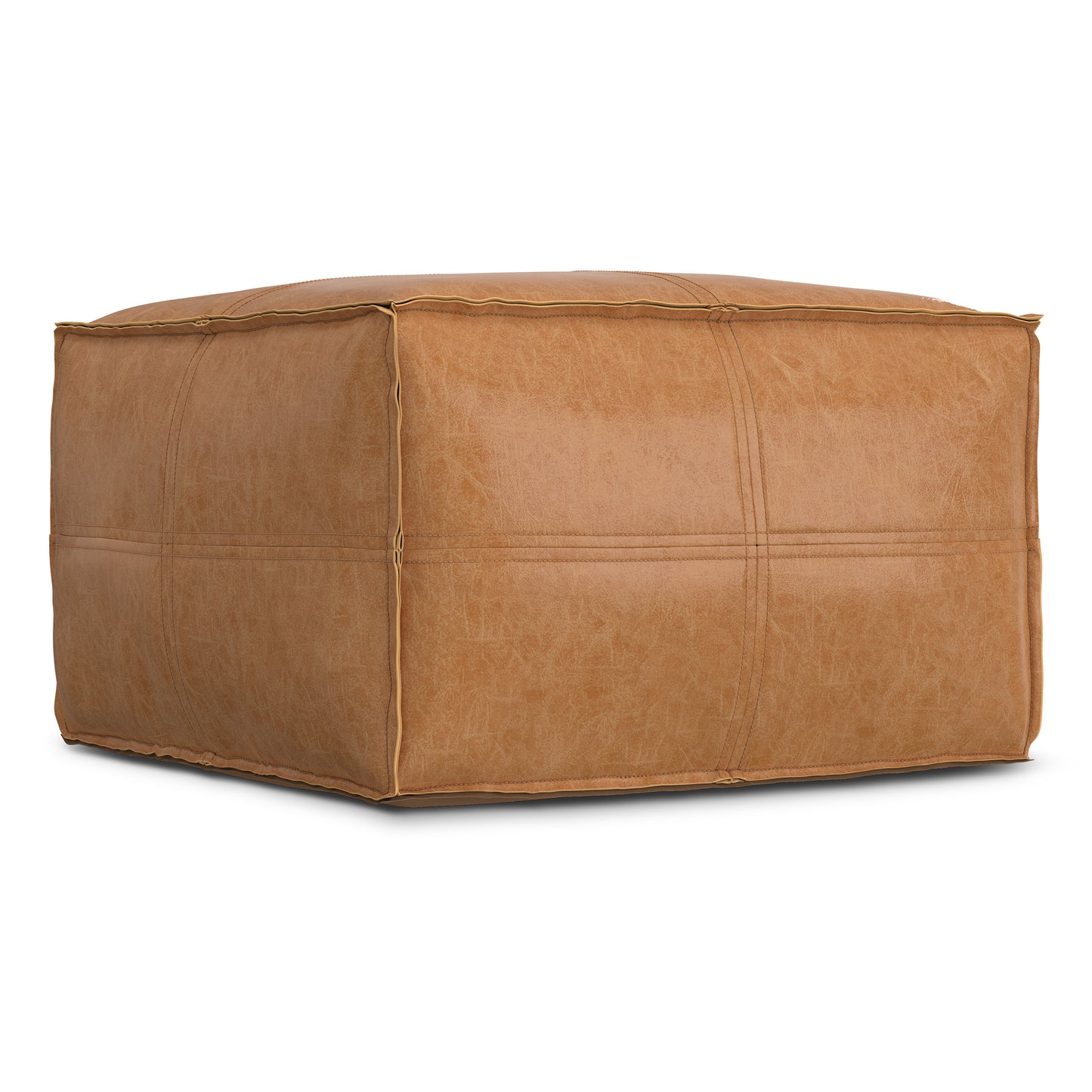 Distressed Camel Brown Distressed Vegan Leather | Brody 24 inch Square Top Stich Pouf in Distressed Vegan Leather