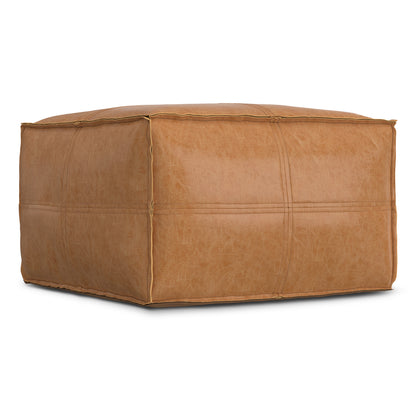 Distressed Camel Brown Distressed Vegan Leather | Brody 24 inch Square Top Stich Pouf in Distressed Vegan Leather