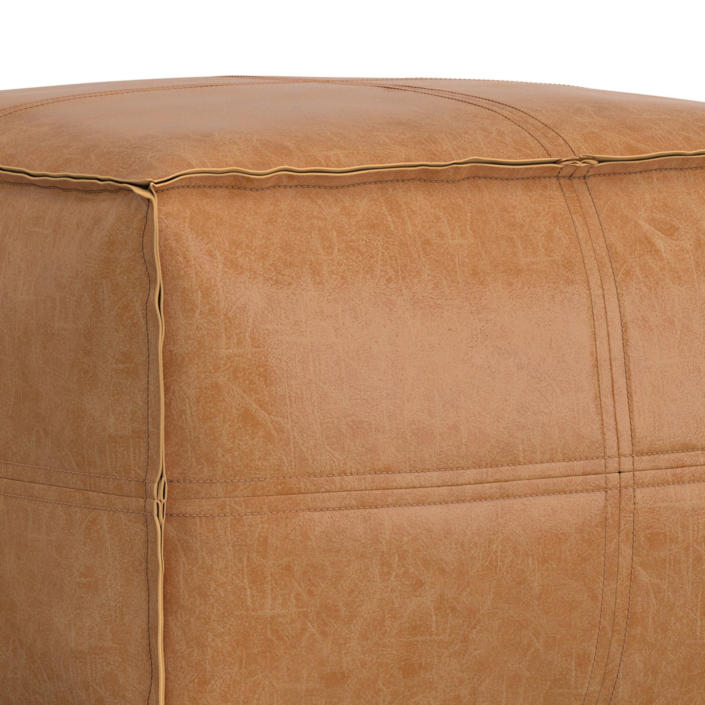 Distressed Camel Brown Distressed Vegan Leather | Brody 24 inch Square Top Stich Pouf in Distressed Vegan Leather
