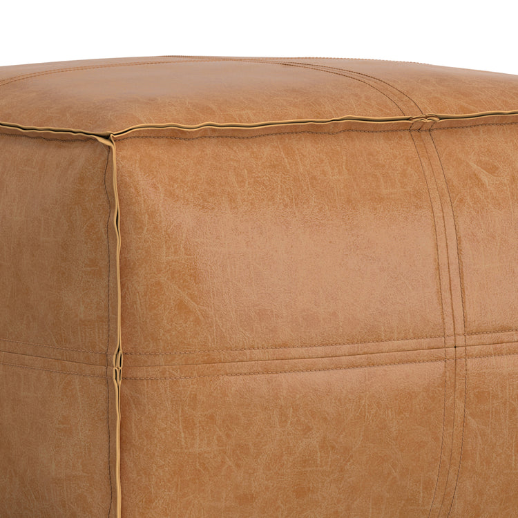 Distressed Camel Brown Distressed Vegan Leather | Brody 24 inch Square Top Stich Pouf in Distressed Vegan Leather