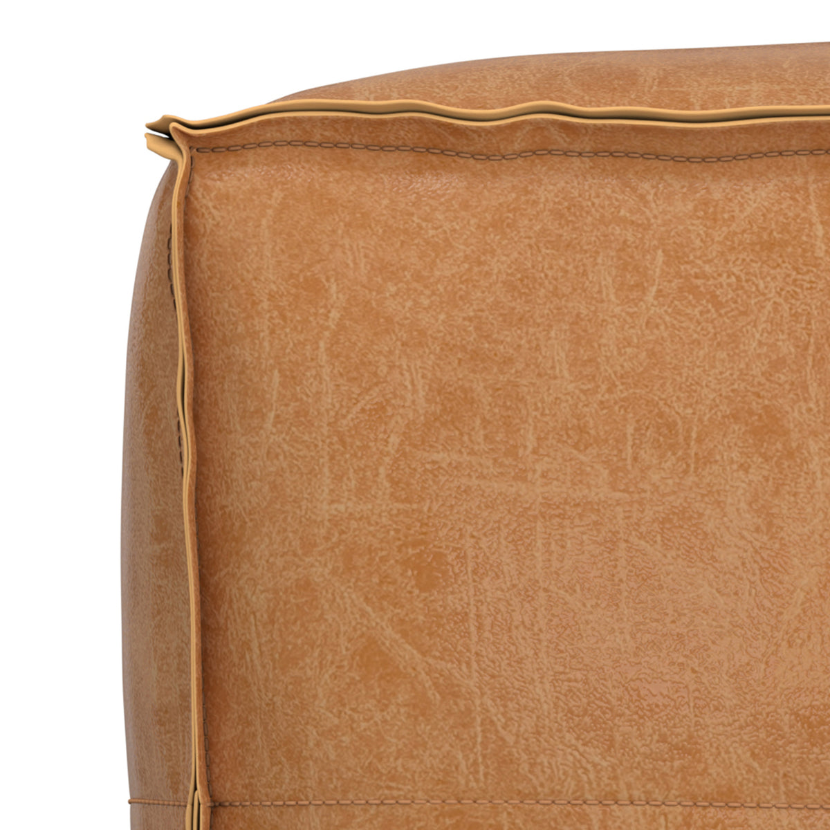 Distressed Camel Brown Distressed Vegan Leather | Brody 24 inch Square Top Stich Pouf in Distressed Vegan Leather
