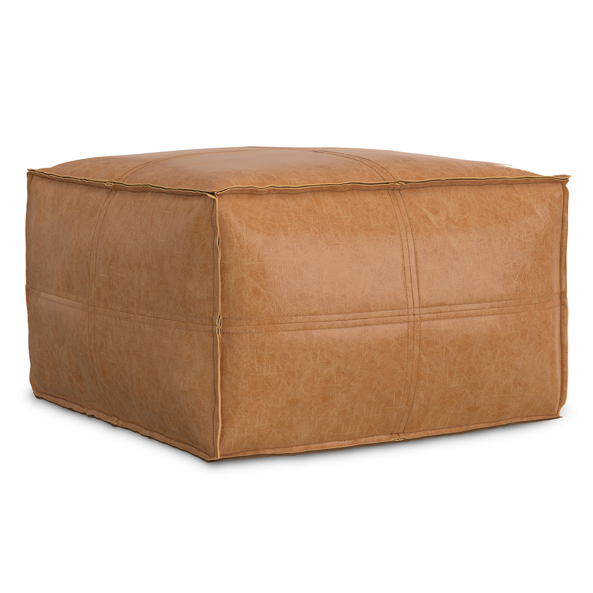 Distressed Camel Brown Distressed Vegan Leather | Brody 24 inch Square Top Stich Pouf in Distressed Vegan Leather