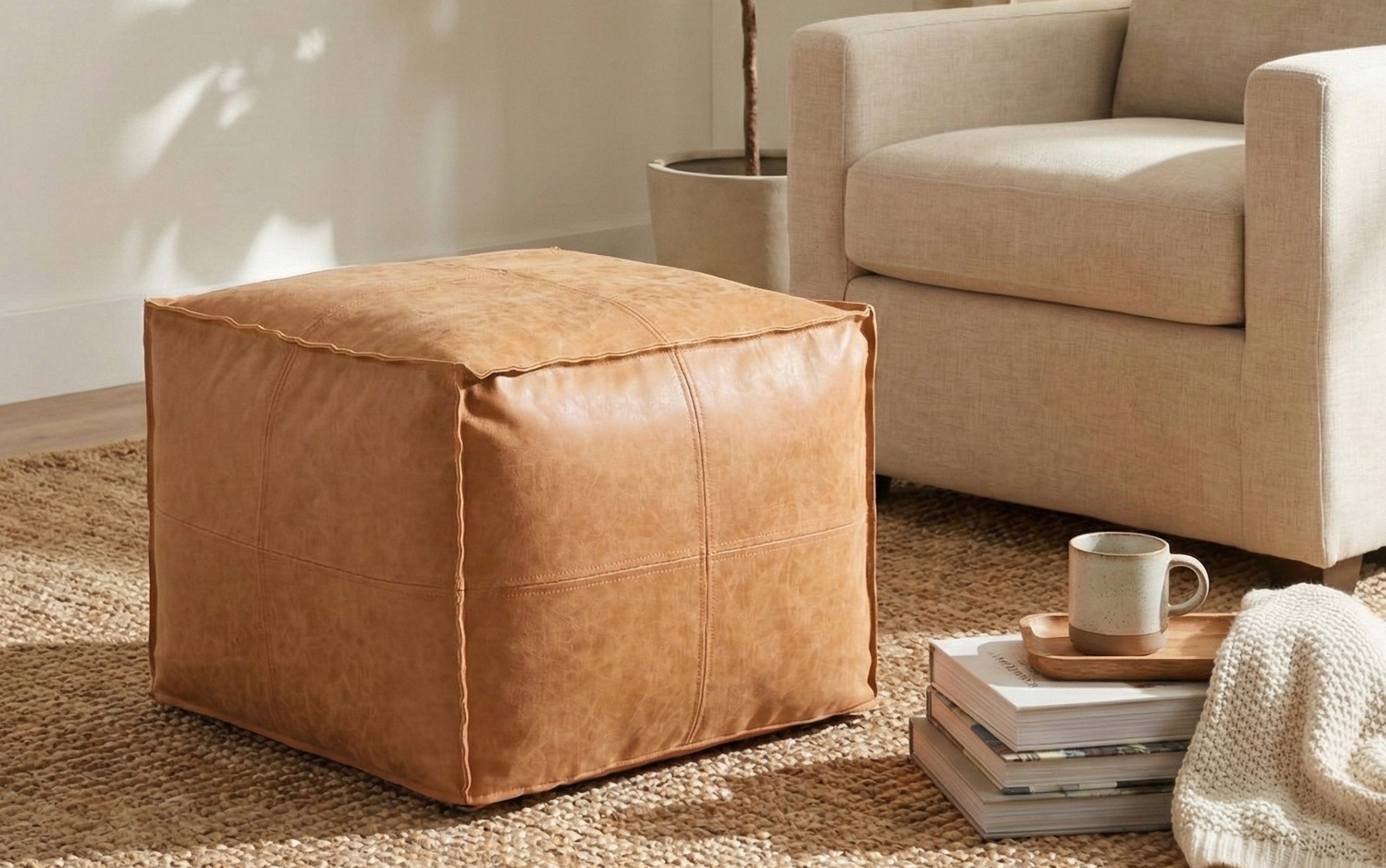 Distressed Brown Distressed Vegan Leather | Brody Square Pouf