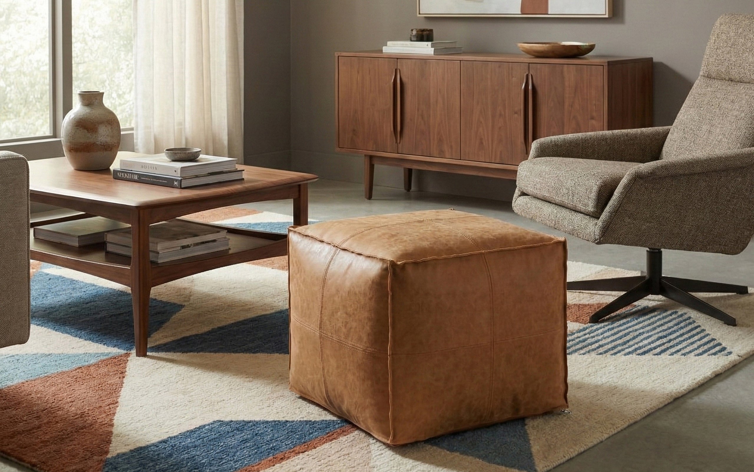 Distressed Brown Distressed Vegan Leather | Brody Square Pouf