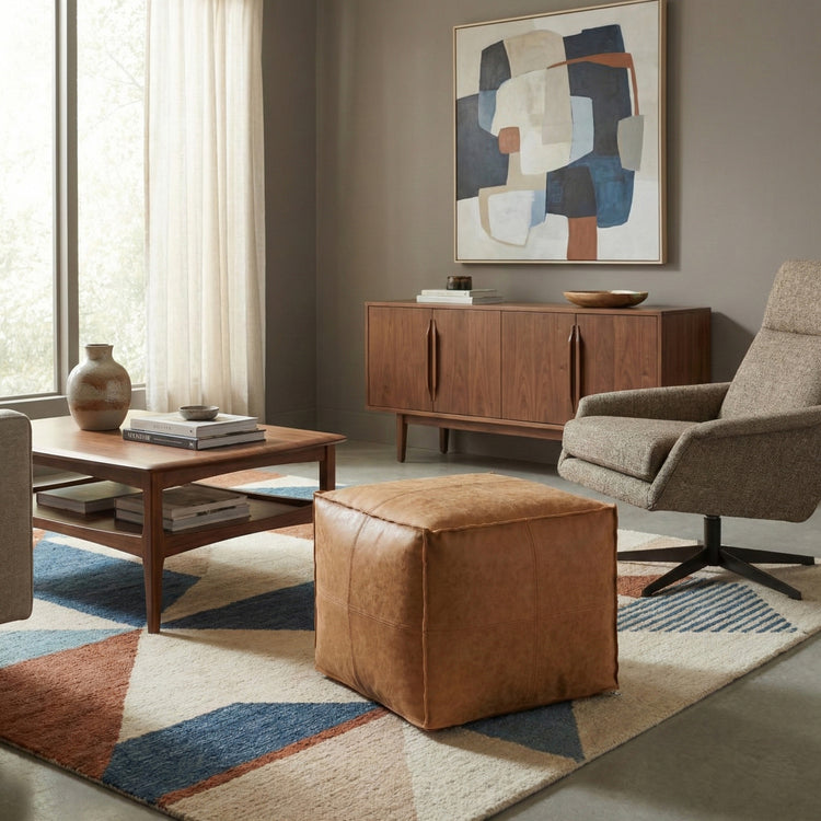 Distressed Brown Distressed Vegan Leather | Brody Square Pouf