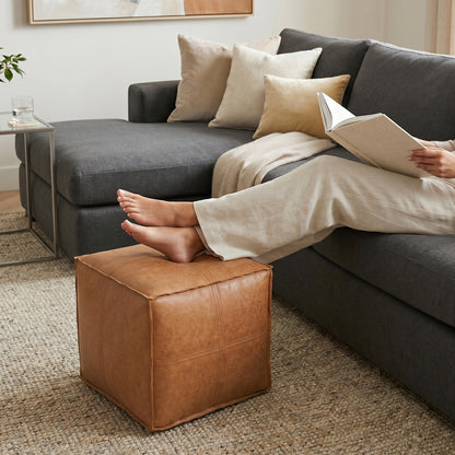 Distressed Brown Distressed Vegan Leather | Brody Square Pouf