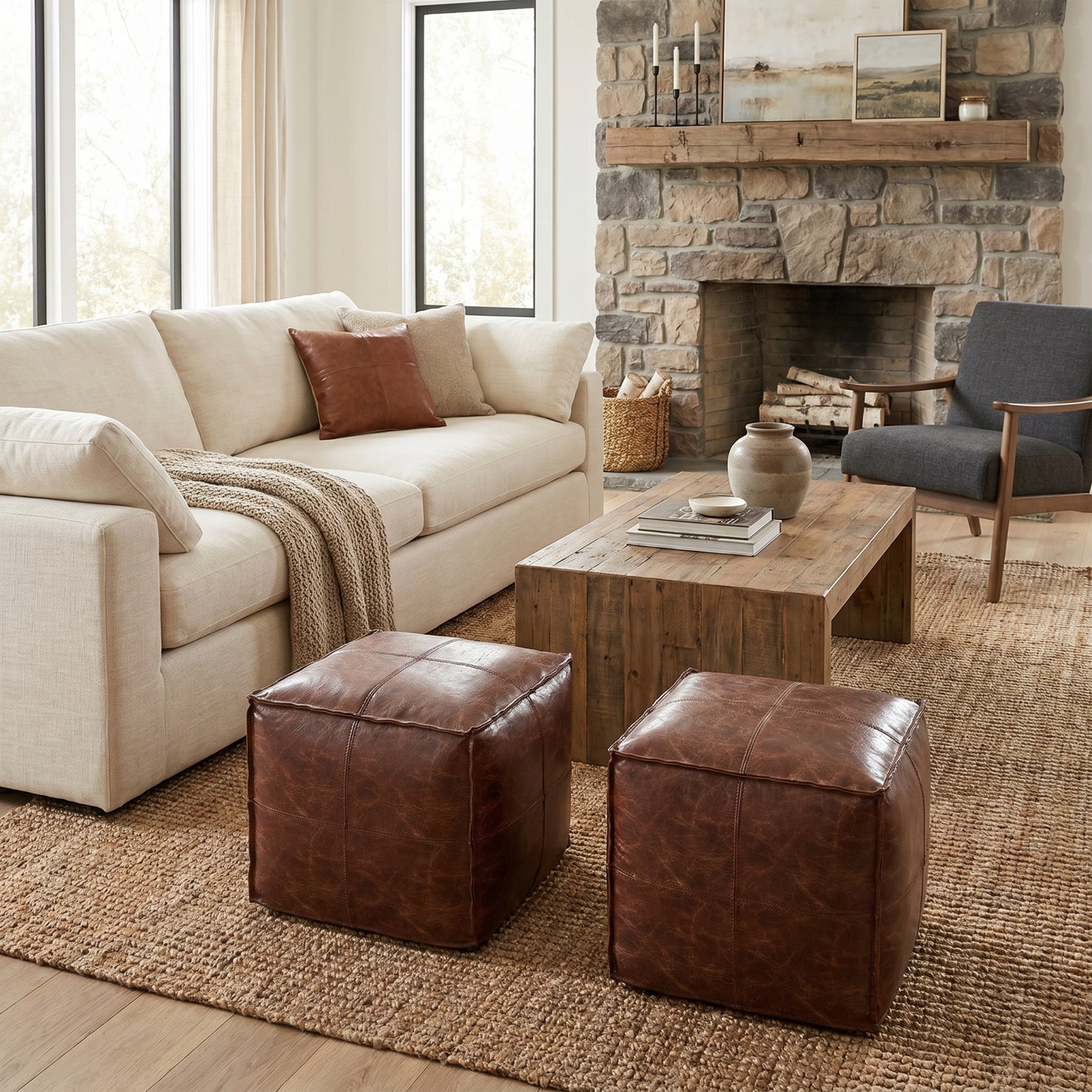 Distressed Brown | Sheffield Square Pouf