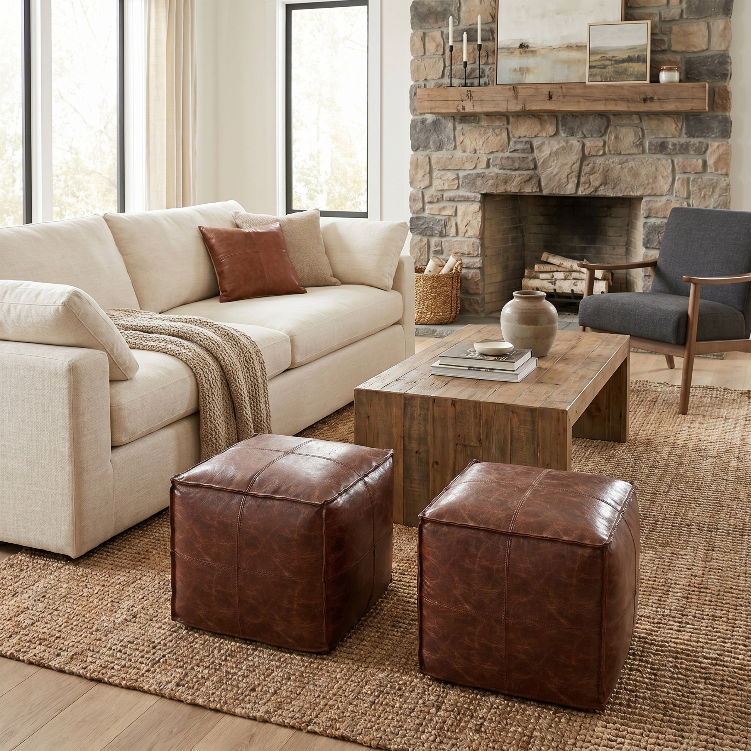 Distressed Brown | Sheffield Square Pouf