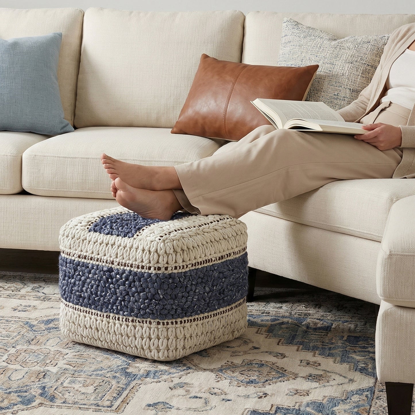 Blue and Natural | Grady Square Pouf