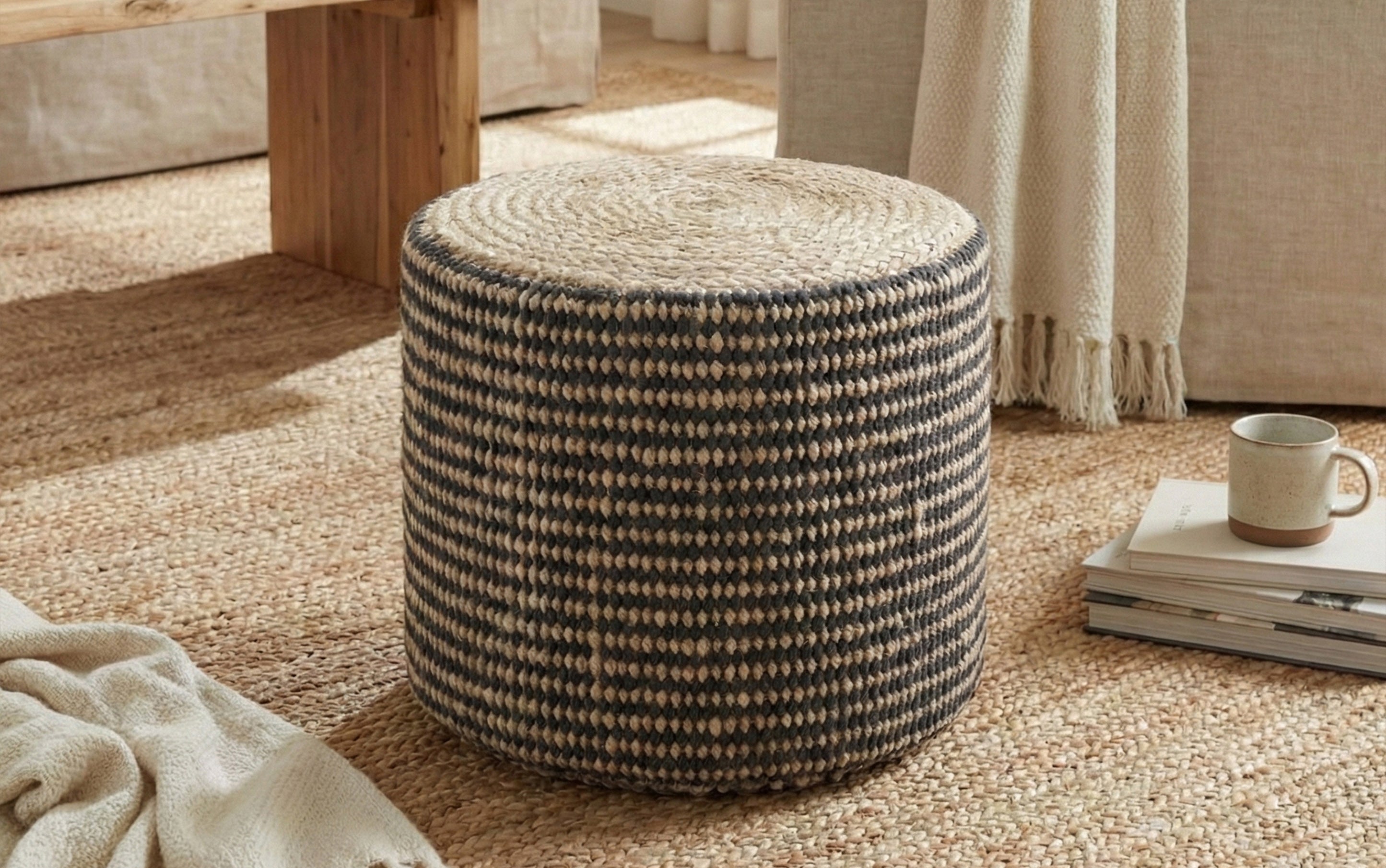 Jute Round Pouf | Larissa Round Braided Pouf – Simpli Home