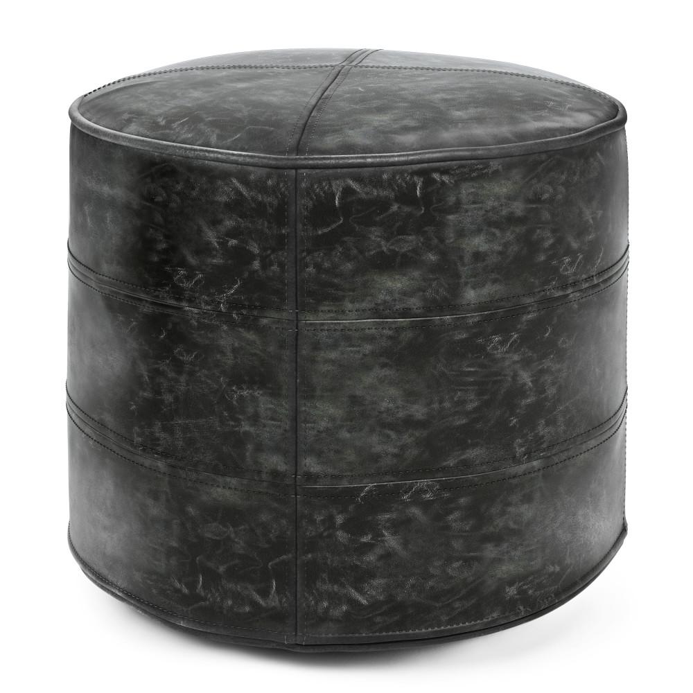 Distressed Black | Connor Round Leather Pouf