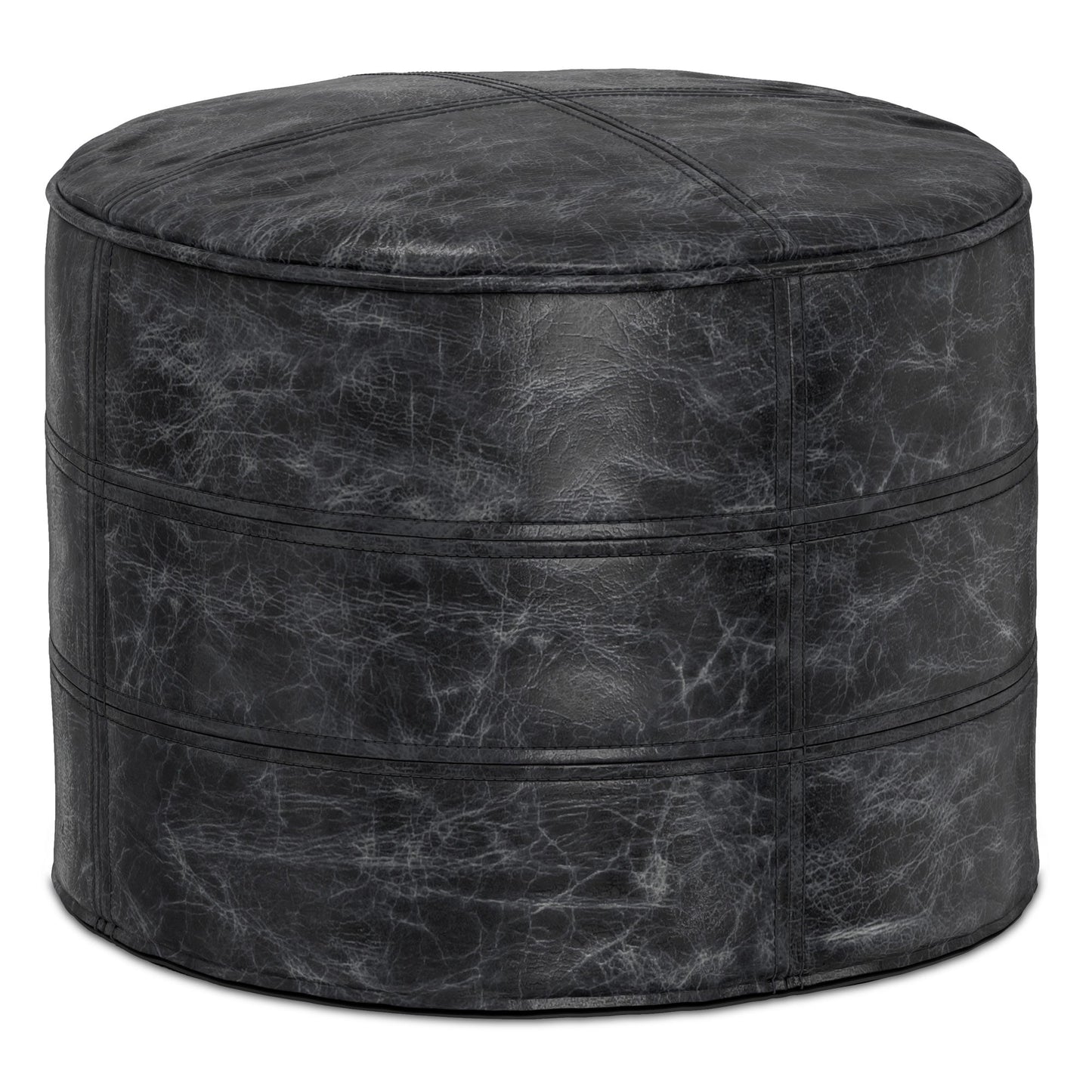 Distressed Black | Connor Round Leather Pouf