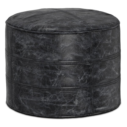 Distressed Black | Connor Round Leather Pouf