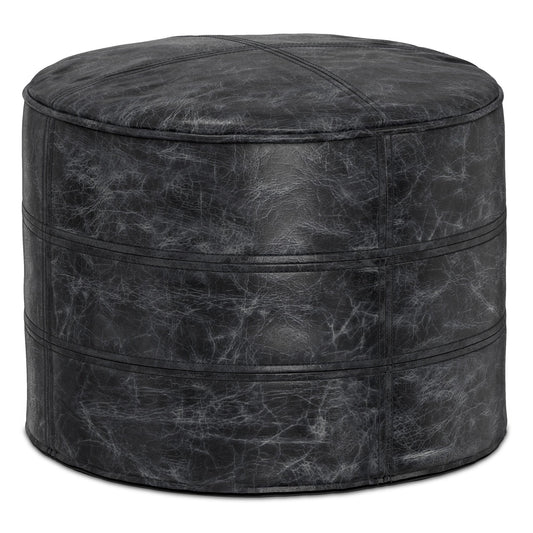 Distressed Black | Connor Round Leather Pouf