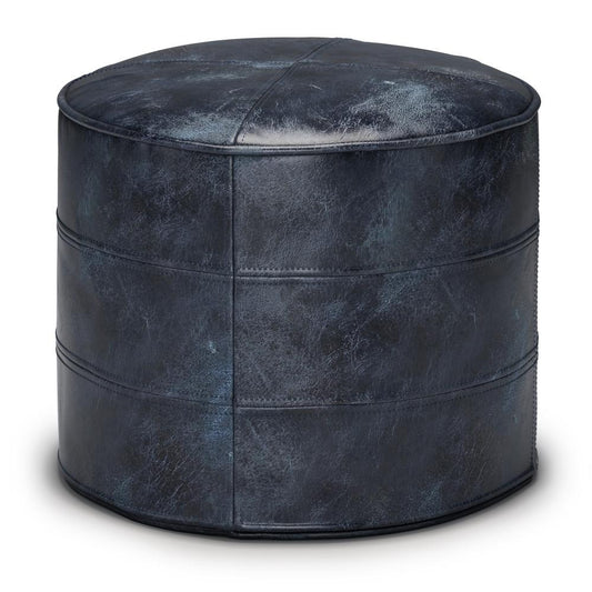 Distressed Navy Blue | Connor Round Leather Pouf