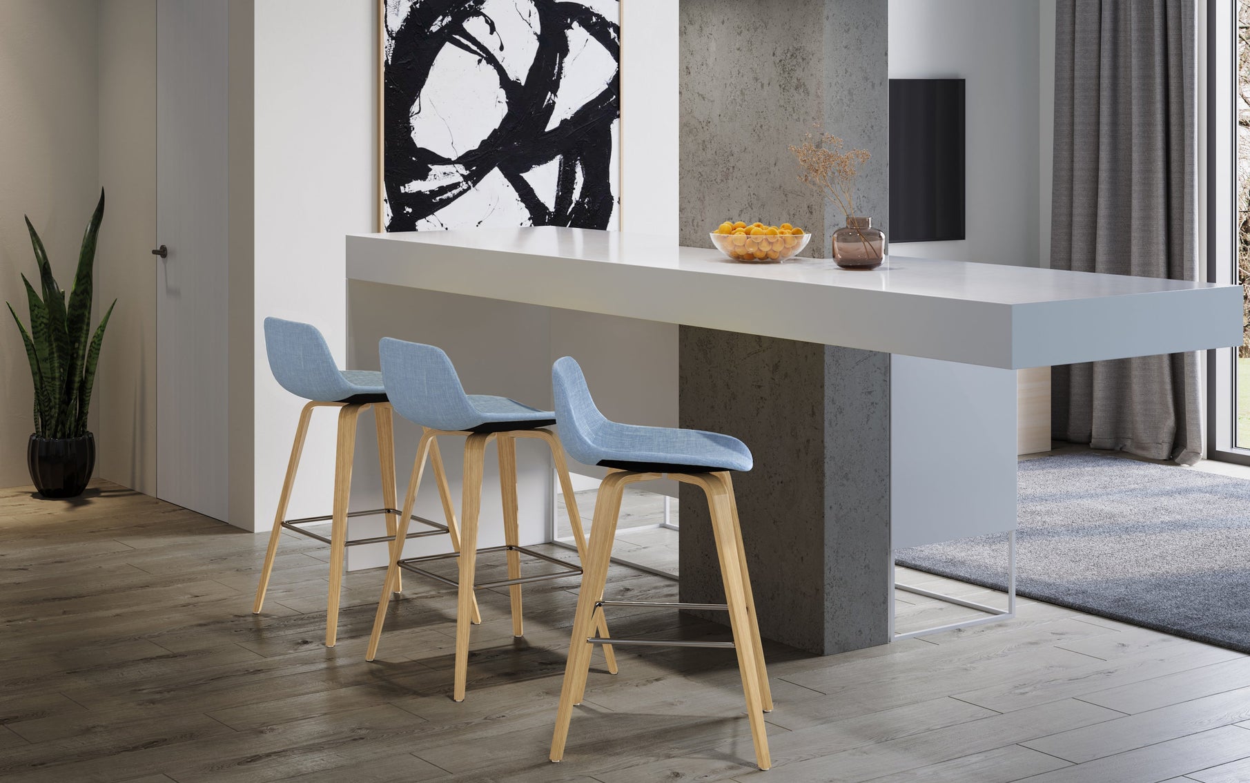 Denim Blue Linen Style Fabric Oak | Randolph Bentwood Counter Height Stool (Set of 2)