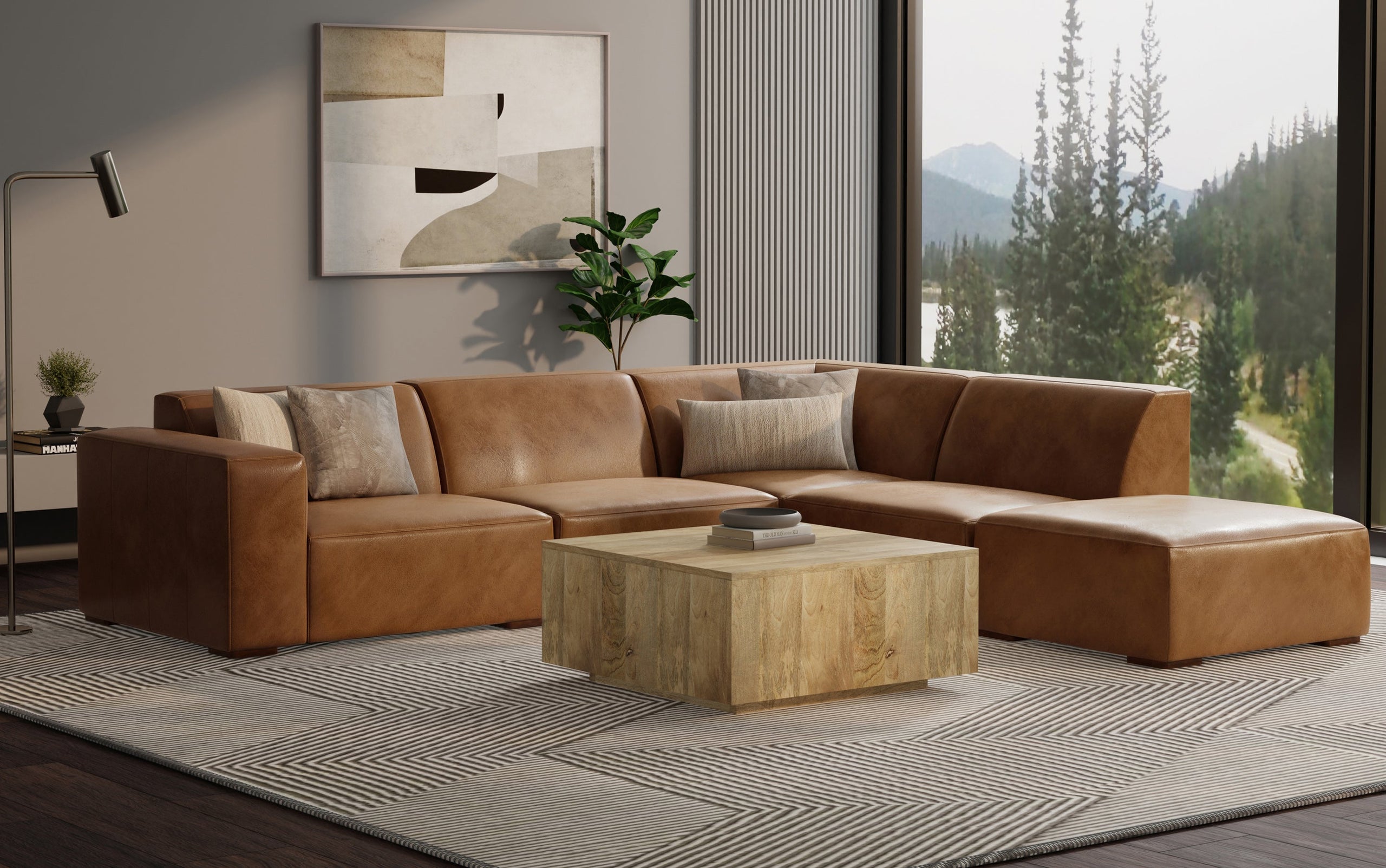 Caramel Brown Genuine Leather | Rex Right Sectional and Ottoman in Genuine Leather