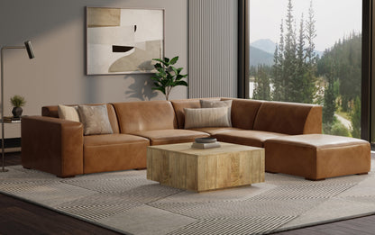 Caramel Brown Genuine Leather | Rex Right Sectional and Ottoman in Genuine Leather