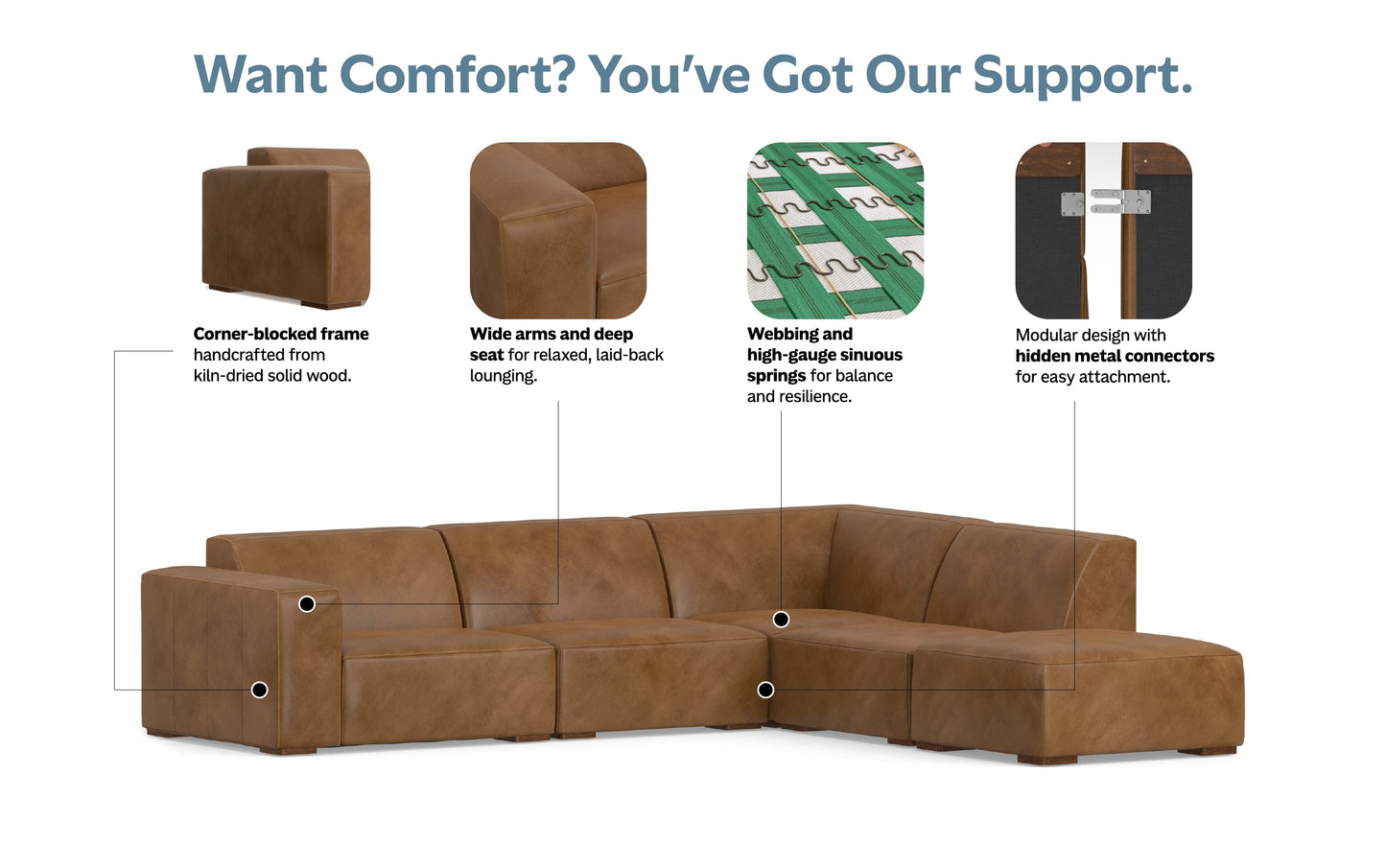Caramel Brown Genuine Leather | Rex Right Sectional and Ottoman in Genuine Leather