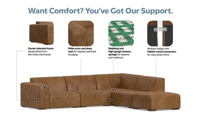Caramel Brown Genuine Leather | Rex Right Sectional and Ottoman in Genuine Leather