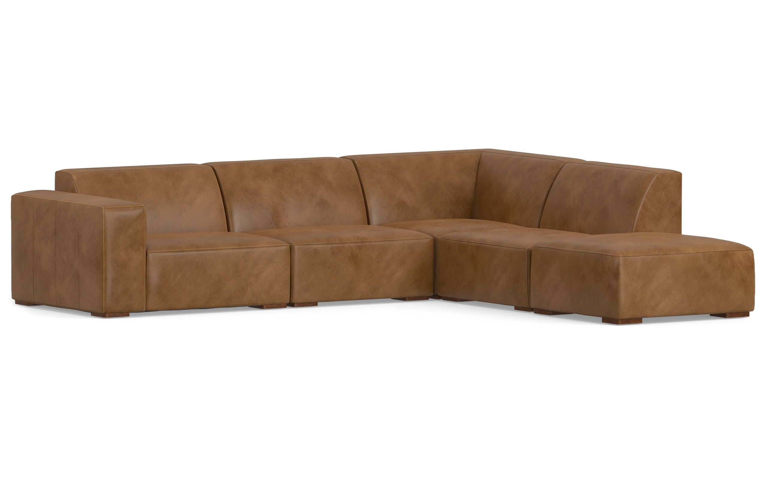 Caramel Brown Genuine Leather | Rex Right Sectional and Ottoman in Genuine Leather
