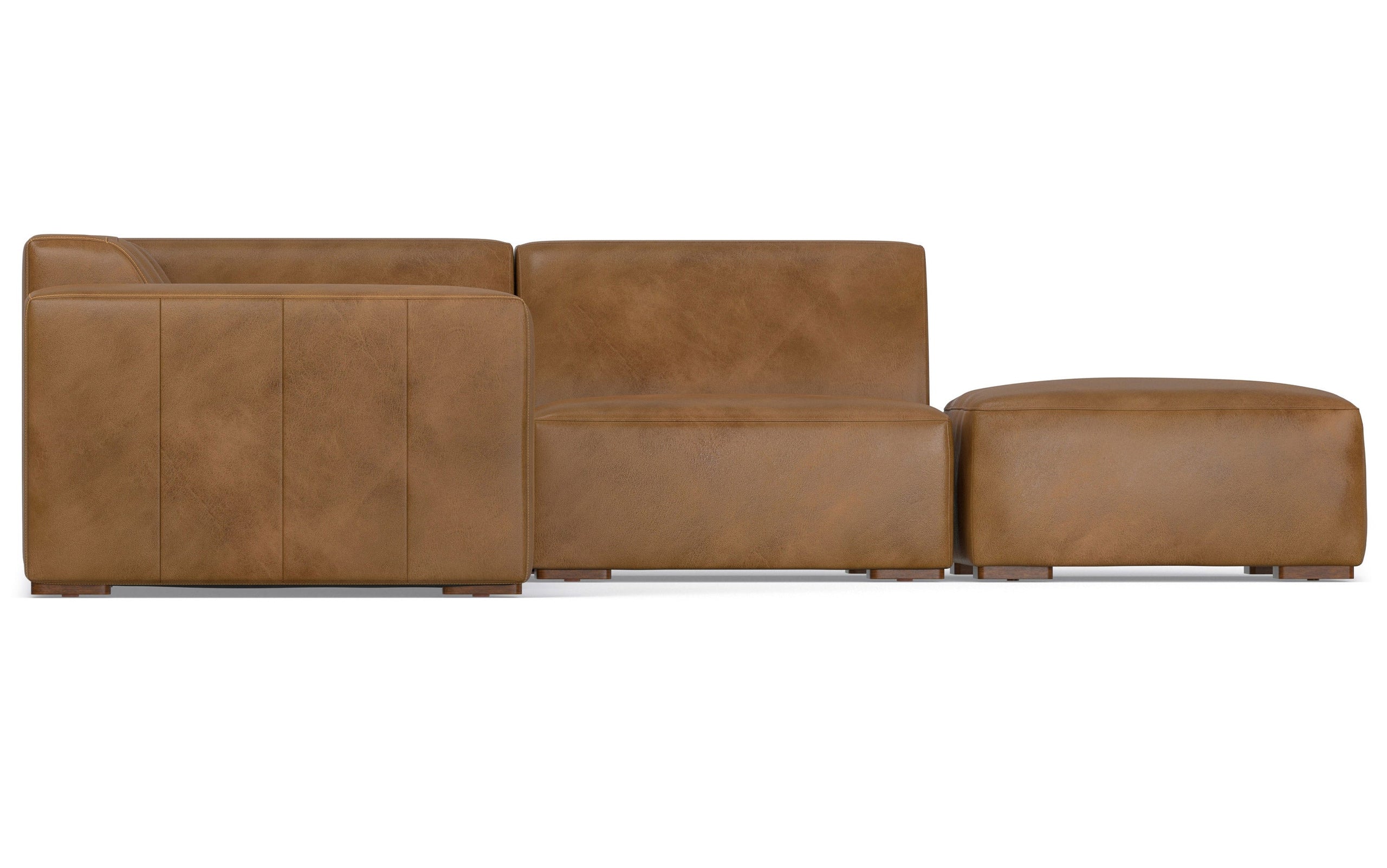 Caramel Brown Genuine Leather | Rex Right Sectional and Ottoman in Genuine Leather