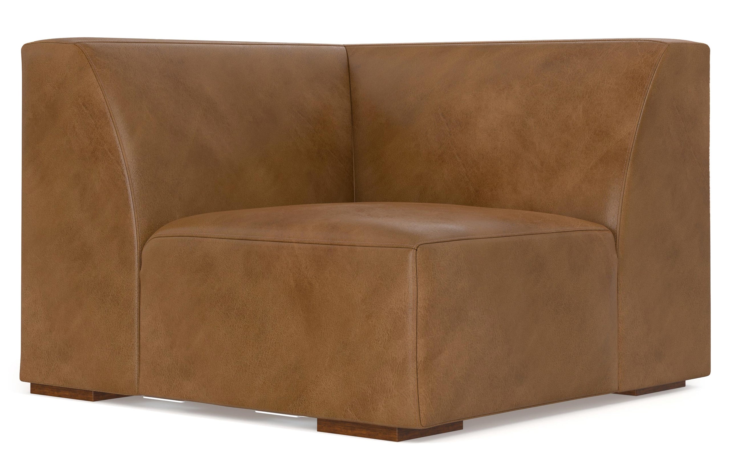 Caramel Brown Genuine Leather | Rex Right Sectional and Ottoman in Genuine Leather