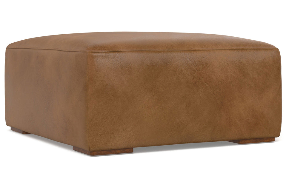 Caramel Brown Genuine Leather | Rex Right Sectional and Ottoman in Genuine Leather