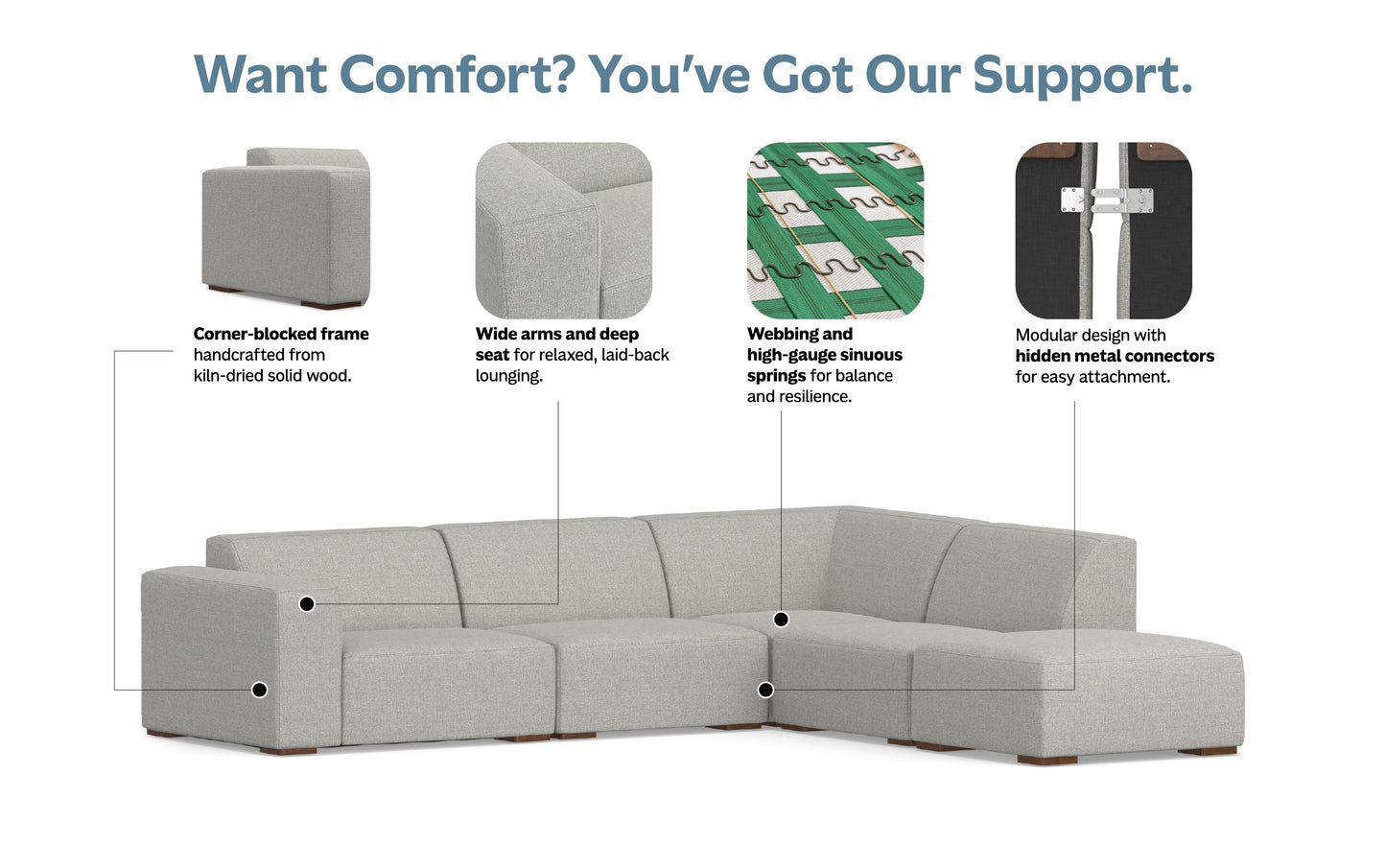 Pale Grey Performance Fabric | Rex Right Sectional and Ottoman Performance Fabric