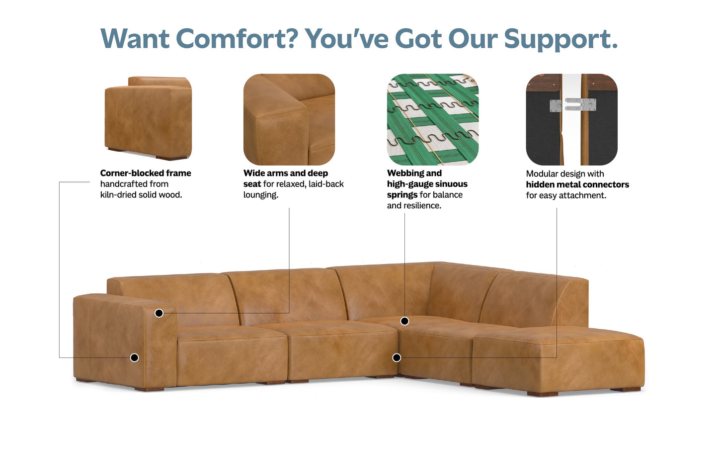 Sienna Genuine Leather | Rex Right Sectional and Ottoman in Genuine Leather