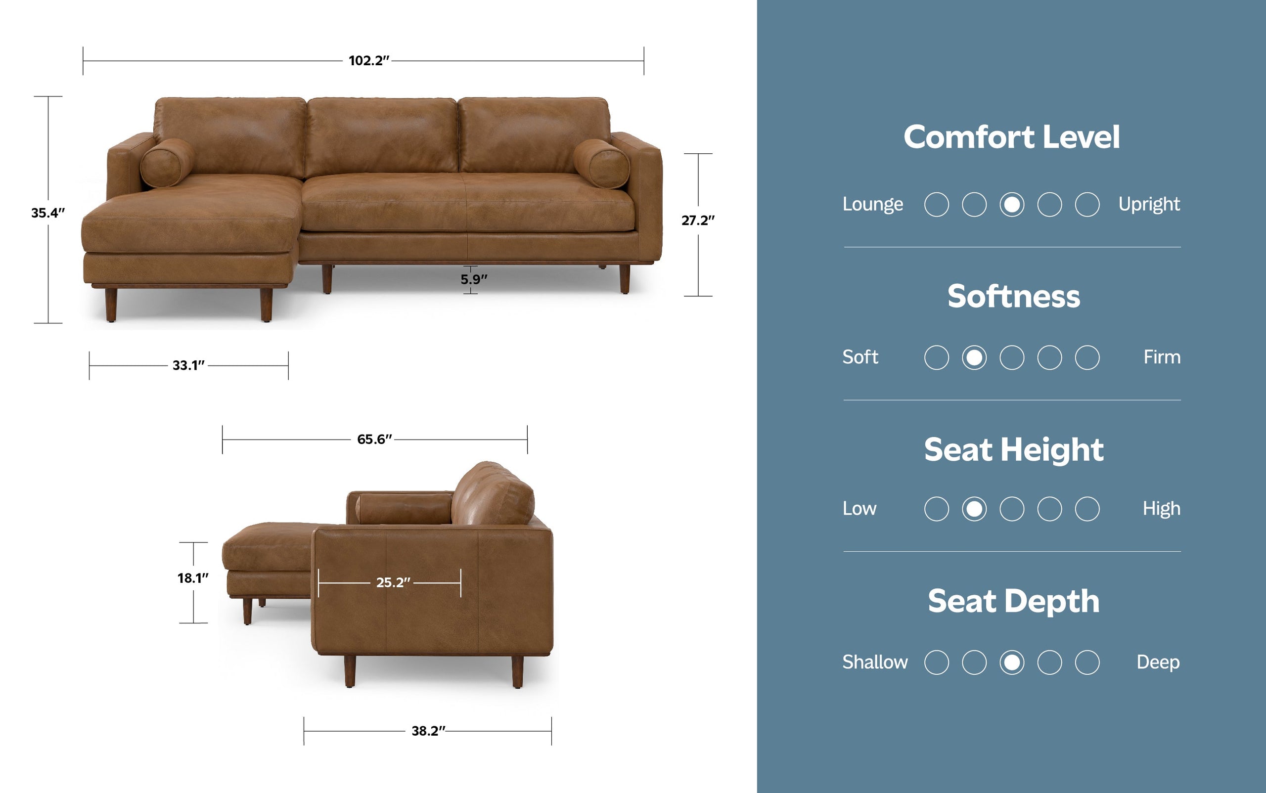 Caramel Brown Genuine Leather | Morrison Left Sectional in Genuine Leather