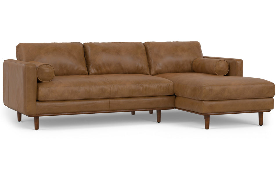 Caramel Brown Genuine Top Grain Leather | Morrison Mid Century Sectional in Genuine Leather