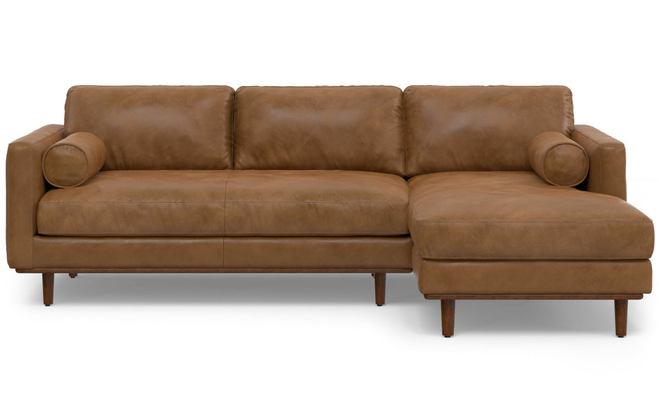 Caramel Brown Genuine Top Grain Leather | Morrison Mid Century Sectional in Genuine Leather