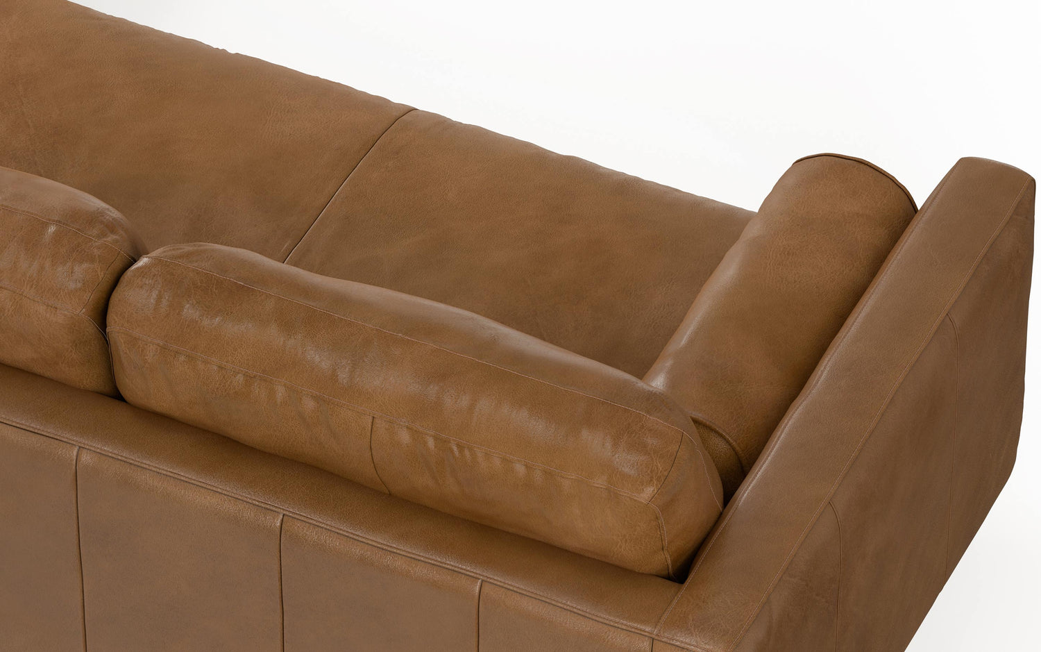 Caramel Brown Genuine Top Grain Leather | Morrison Mid Century Sectional in Genuine Leather