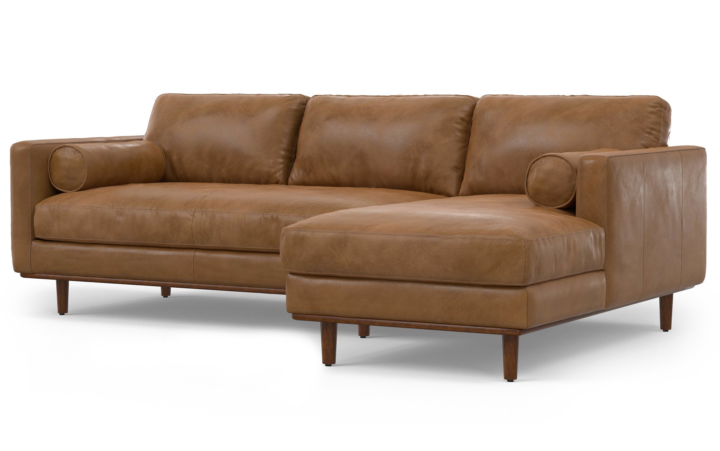 Caramel Brown Genuine Top Grain Leather | Morrison Mid Century Sectional in Genuine Leather