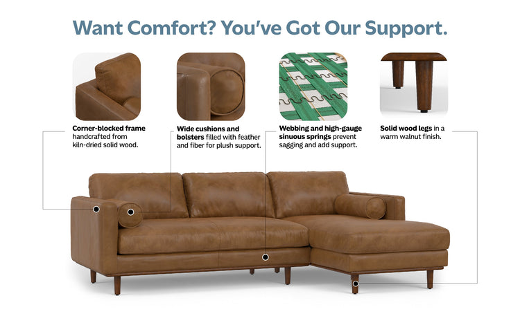 Caramel Brown Genuine Top Grain Leather | Morrison Mid Century Sectional in Genuine Leather